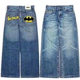 Kvinnors jeans y2k harajuku hiphop bat mönster broderad retro blå baggy byxor män kvinnor hög midja bred benbyxor streetwear