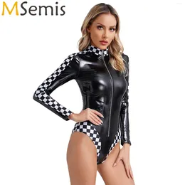 Women's Swimwear Womens Sexy Racer Bodysuit Halloween Long Sleeve Patent Leather Plaid Splicing Leotard Front Zipper Bodycon Driver Costumes