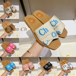 Woody Cotton Slipers Sandaler Slide Sliders For Women Mules Flat Slide Light Tan White Black Pink Lace Lettering Tyg Canvas Woman Slipper Slider Sandal Scuffs