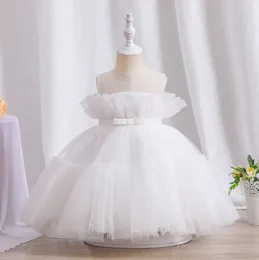 Девушка платья 12 м девочка Boad Bow Gown Gown Flower Girl White Dress для свадебных детских платье