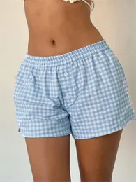 Women's Shorts Doury Women Plaid Print Elastic Waist Loose Casual Summer Buttons Short Pants Streetwear Bottoms