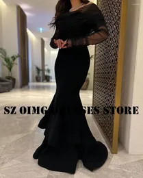 Festklänningar oimg design från axel prom arabiska kvinnor långa ärmar tiered ruched svarta aftonklänningar formell klänning