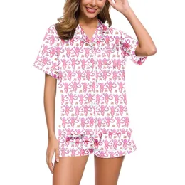 Women Cute Cartoon Rabbit Print Satin Pajams Set Summer Sleepwear 2 Piece Sets Short Sleeve Button Up ShirtShorts y2k Homewear 240426