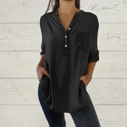 Bluzki damskie swobodny długotrwałe koszulę Kobiet Stylowy kolor stylowy sekina w dekolcie z kieszonkową kieszonkową top