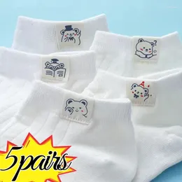 Women Socks 5pairs Women's Cute Cartoon Bear White Kawaii Sock Embroidered Mid Length Warm Pattern Trend Cotton Lady Sports Sox