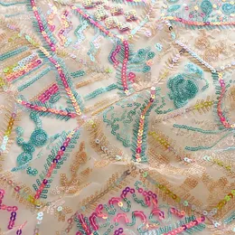 Soft Yarn Colorful Sequins Geometric Embroidery Mesh Lace Fabric For Dress Clothing Cheongsam Designer Fabric 240508