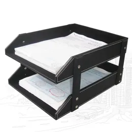 A4 Dokumentfil Organisator Tray Double Layers Desk Pu Leather Paper Holder Magazine Rack Storage Holder for Home School