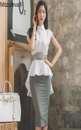 Tvådelad klänning Mozuleva 2021 Summer Slim Swallowtail White BlusbodyCon Midi kjol Kvinnor 2 Set Office Cloth Belt Peplum Work SU2048847