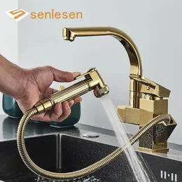 Senlesen Luxury Kitchen Faucet Golden Brass Bathroom Sink Tap Deck Mounted Pull Out Sprayer Led Spout Cold Water Mixer Crane 240508