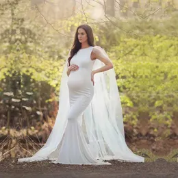 Moderskapsklänningar ärmlös Jersey Baby Shower Long Dress med Tulle Cape Gravid Woman Dress for Foto Shoot Maternity Photography Mermaid Gown T240509