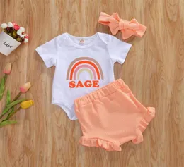 024M Newborn Infant Baby Girls Clothes Sets Rainbow Print Short Sleeve Romper Shorts Headband 3pcs Clothing32527715115