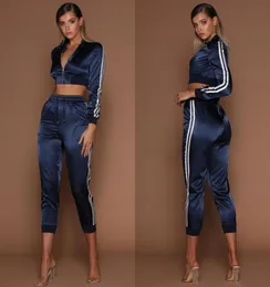 WannaThis 2019 Autumn Winter Satin Sets Women Zipper Side Stripe Crop Tops Drawstring Calf Length Pants Sexy Workout Tracksuits1725475