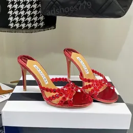 Kristallverzerrte Maultierschuhe Sandalen Absätze rutschen auf Stiletto-Abläufen Open Toe Shoes Damen Luxusdesigner Leder Außensohle Schuh 35-42 mit Kasten