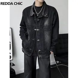 Reddachic 90'lar Erkek Düğmesi Yapılandırılmış Denim Bombacı Ceket Yıpranmış Büyük Boy Ceket Sıkıntılı Siyah Hiphop Sokağı Sonbahar Dış Giyim 240428
