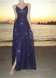 Повседневные платья дамы французские высококачественные сексуальные сексуальные с блестками вечерние платья Женщины Супер длинные низкочаботки v-образец Blue Style vestidos2024