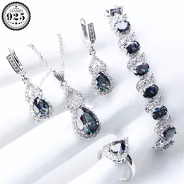Natural Rainbow Schmucksets 925 Sterling Silber Stones Hochzeit Ohrringe für Frauen Armband Halskette Ringe Set Geschenke Box 220818 2949