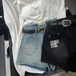 Kvinnor Hög midja med Belt Denim Jeans Logo Letter Rhinestone Diamonds Luxury Designer Shorts SMLXL