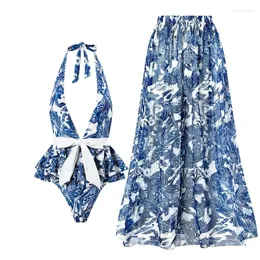 Women's Swimwear Luxury Elegant Dragonfly Print Bikini Sets Swimsuit & Skirt One Piece Women Female Cover Up Brazilian Bathing Suit