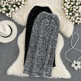 Korean Fashion Midi Skirt Woman High Waist Side Slit Sequined Party Pencil Skirts Female Casual Mid Length Jupe Drop 240506