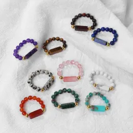 Bohemian 4mm Natural Stone Crystal Beads Rings Amethyst Lapis Lazuli Handmade Elastic Gemstone Ring Fashion Jewelry