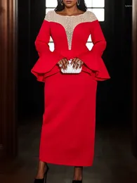 Abbigliamento etnico Festa sera africano per donne vestito dashiki chic chic con perline maniche lunghe spalla alta abiti sexy abiti eleganti rosso