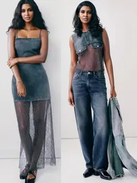 TRAF- denim suit 2024 womens summer blue lace stitching sleeveless denim vest stitching denim suspender dress 240509