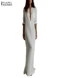 Zanzea Fashion residos 2017 가을 여성 섹시한 캐주얼 드레스 긴 슬리브 딥 V 목 린넨 분할 단단한 긴 맥시 드레스 플러스 크기 5005784