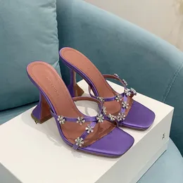 Amina Lily Flower Crystal Slifors Muli Muli Scarpe da sera Rhinestone Silk Satin Teli designer di lusso Sandali tacco calzature di fabbrica 35-42 con scatola