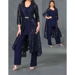 Newest 3 Piece Mother of The Bride Pant Suits with 3/4 Lace Sleeves Jacket Ankle Length Formal Evening Gowns Plus Size Wedding Guest Dresses 0509