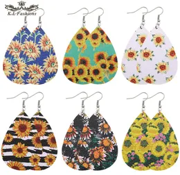 Bohemia Design Sunflower Printed PU Leather Earrings for Women Girl Fashion Oval Waterdrop Dangle Drop Earrings Hook Ear Party Jew1562353