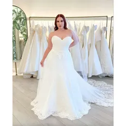 Beautiful Plus Size A Line Wedding Dresses for Bride Women Seetheart Tulle Lace Applique Backless Satin Court Train Bridal Gowns Vestidos De Noiva 0509