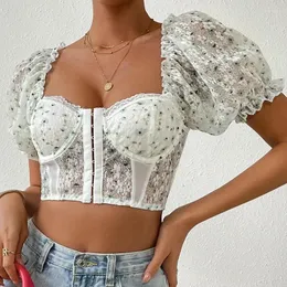 Women's Tanks ISAROSE Women Sexy Floral Puff Sleeves Breathable Stretch See-through Braless Single- Breasted Summer Night Club Crop Tops