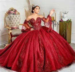 어두운 빨간색 스팽글 푹신한 볼 가운 Quinceanera 드레스 구슬로 된 어깨 얇은 명주 그물 스팽글 스위트 15 16 드레스 XV 파티 착용 6589651