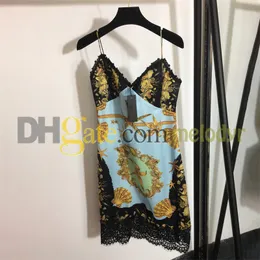 Retro Print Sling Dress Sexy Lace Slip Dresses Fashion Designer Patchwork Slim Skirts for Women Party Dress