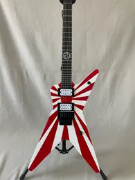 Customized 6-String V-Shaped Painted Electric Guitar, Red Stripe, White Paint