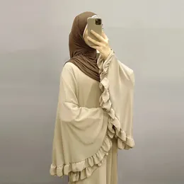 Dubai Flowy Abaya Big Ruffle Sleeve Islamski odzież muzułmańska kobiety zip maxi sukienka mankietowy mankiet skromny błyszczący miękki aksamitne satynowe tkaniny 240506