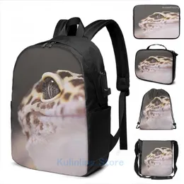 Backpack Funny Graphic Print Leopard Gecko USB Charge Men Bags Escola Laptop de Viagem para Viagem