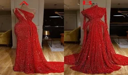 2020 Burgundy Long Sleeve Red Sgip Mermaid Prom Dresses High Split Side Evening Gowns Robe de Soiree3376490