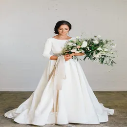 New Boho A-line Soft Satin Modest Wedding Dresses With 3 4 Sleeves Beaded Blet Low Back Country Bridal Gowns 2020 Custom Made Couture 324M