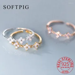 Anelli di cluster Softpig Ins Real 925 Sterling Sterling Opal Flower Regolable Ring per donne classiche gioielli fine bijoux minimalista