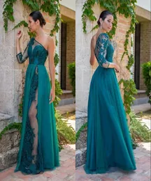 Hunter Green Oneshoulder Sheer Long Sleeve Lace Evening Dresses 2020 Applique Chiffon Floor Length Formal Party Prom Gowns6501133