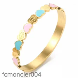 Gold Color Blue and Pink Enamel Forever Love Heart Charm Bangle Bracelet for Women Girlfriend Promise Wedding Jewellry Gifts 66LJ