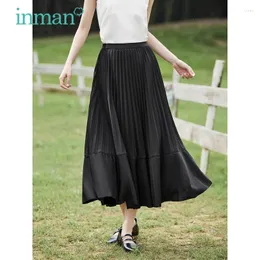 Saias Inman Mulheres Plated Skirt 2024 Cantura elástica de verão A moda solta de moda francesa Romântula Damasco preto
