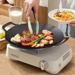 Grills Korean Round Grill Pan Camping Griddle Plate Barbecue Pan Pork Belly Nonstick Cooker Maifan Stone Induction Cooker Gas BBQ Tray
