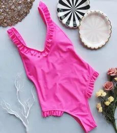 Nyligen kvinnor en bit fast färg rygglös ruffle baddräkt kronblad pushup rosa bikini backless badkläder baddräkt1541417