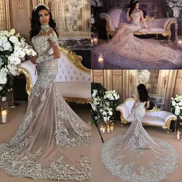 Sparkly 2022 Mermaid Wedding Dress Sexig Sheer Bling Beads Lace Applique High Neck Illusion Långärmad Champagne Trumpet Brudklänningar 0509