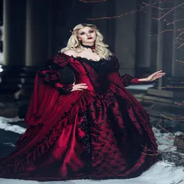 Gotik Kış Ortaçağ Gelinlik Kırmızı ve Siyah Rönesans Fantezi Victoria Vampirleri Caped Long Sle 301g ile Ülke Gelinlik