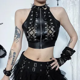 Women's Tanks ISAROSE Summer PU Leather Tops For Women Black Punk Gothic Style Hollow Out Front Metal Zipper Bandage Slim Halter Crop Top