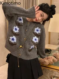 الحياكة النسائية Kimotimo Flowers Jacquard Sweater Coat Women Japan style Kawaii Round Neck Short Cardigan Autumn Winter Vintage Lazy