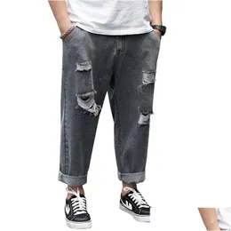 Мужские брюки плюс размер разорванные джинсы повседневная свободная укороченная модная жирная папа доставка одежда OT13X